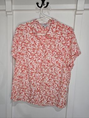 Coral and White Floral Short Sleeve Blouse